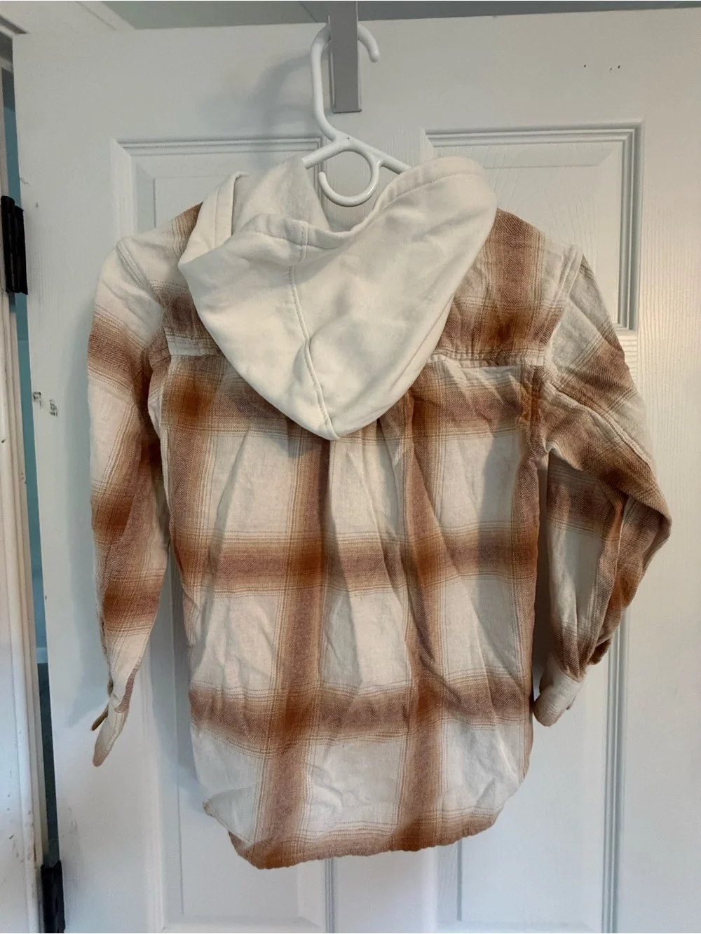 Old Navy Kids Hooded Plaid Button-Down Shirt - Cream & Brown